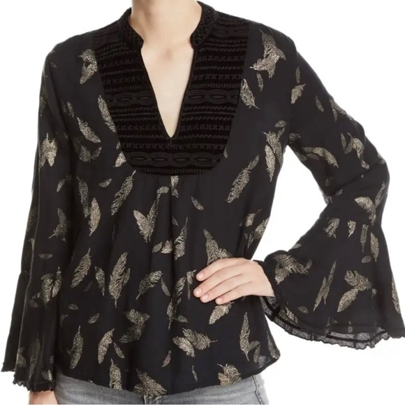 Johnny Was Workshop Womens Velvet Yoke & Metallic Leaf Print Bell Sleeve Top XS - Picture 6 of 10